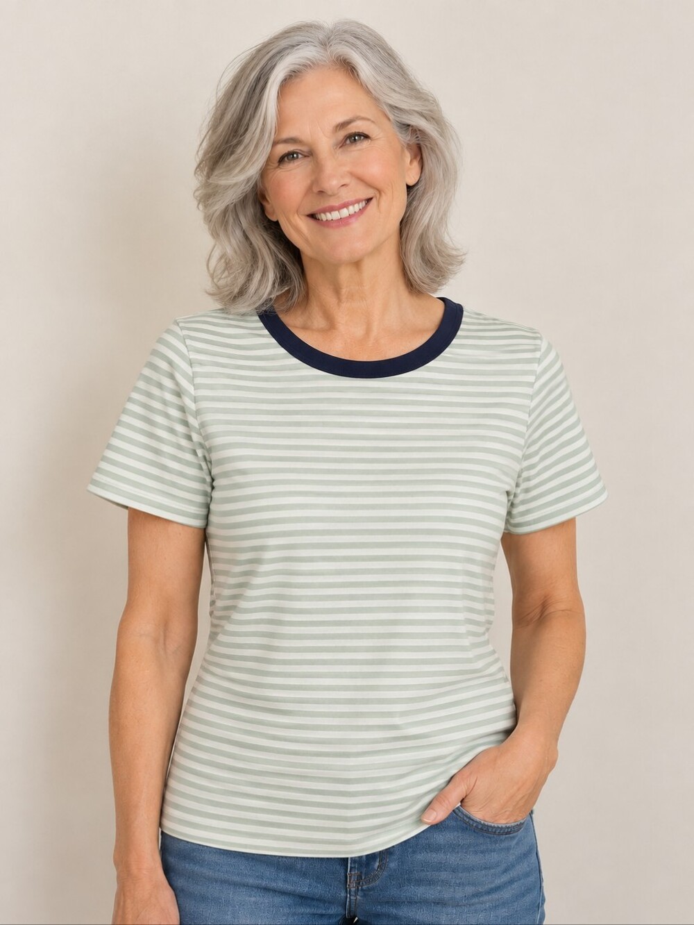 Anthropologie T. La Ringer T-Shirt Women's Size XS Green White Stripes Navy NEW